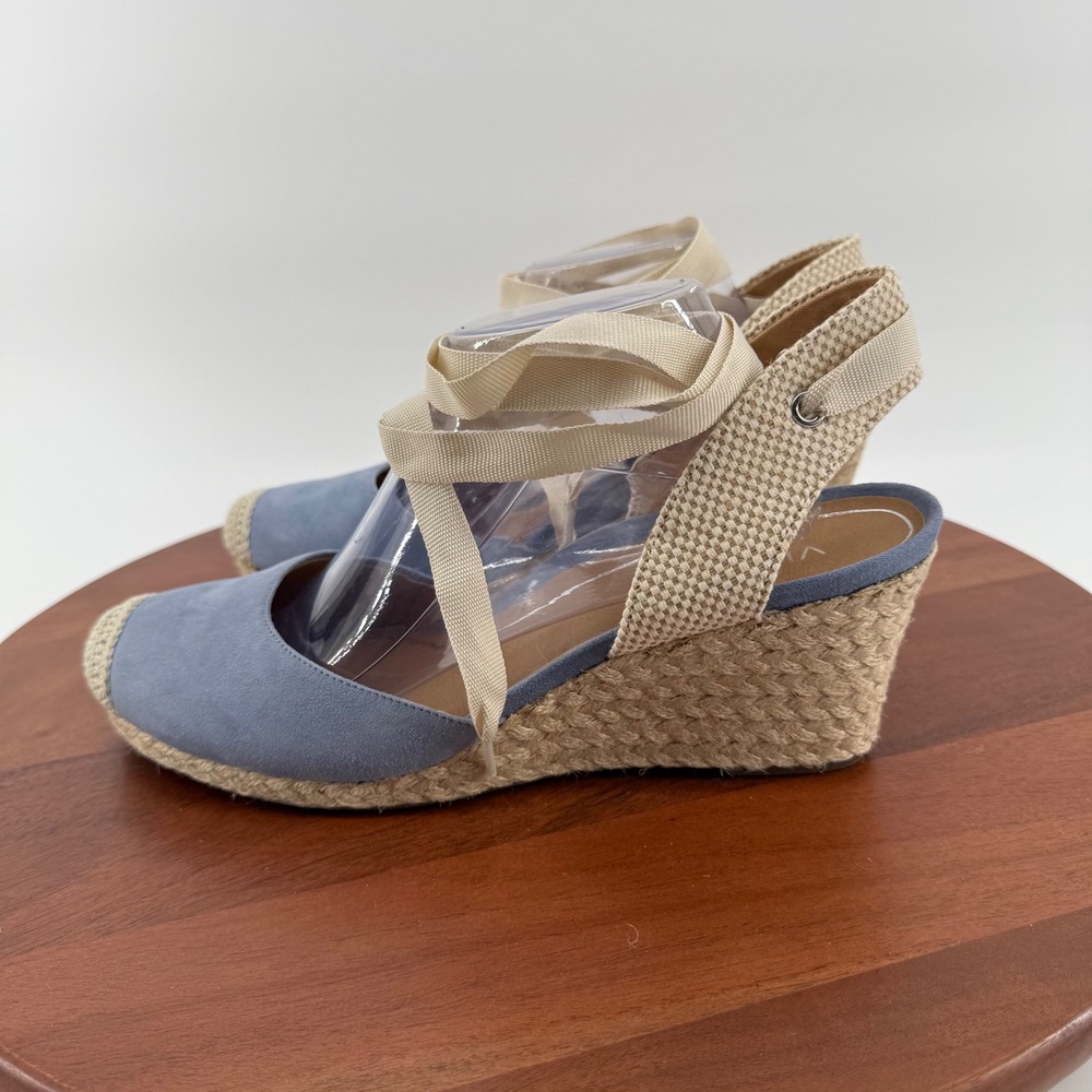 Vionic Aruba Maris Blue Suede Espadrille Wedge Heel Ankle Tie‎ Sandals Womens 11